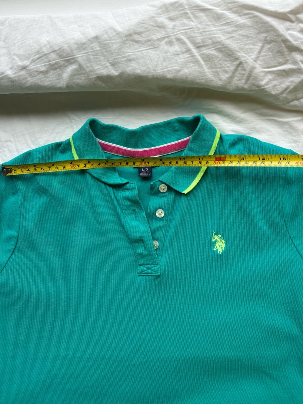 U.S. Polo Assn. Teal Green Neon Trim Short Sleeve Polo Shirt Size L - Picture 8 of 11